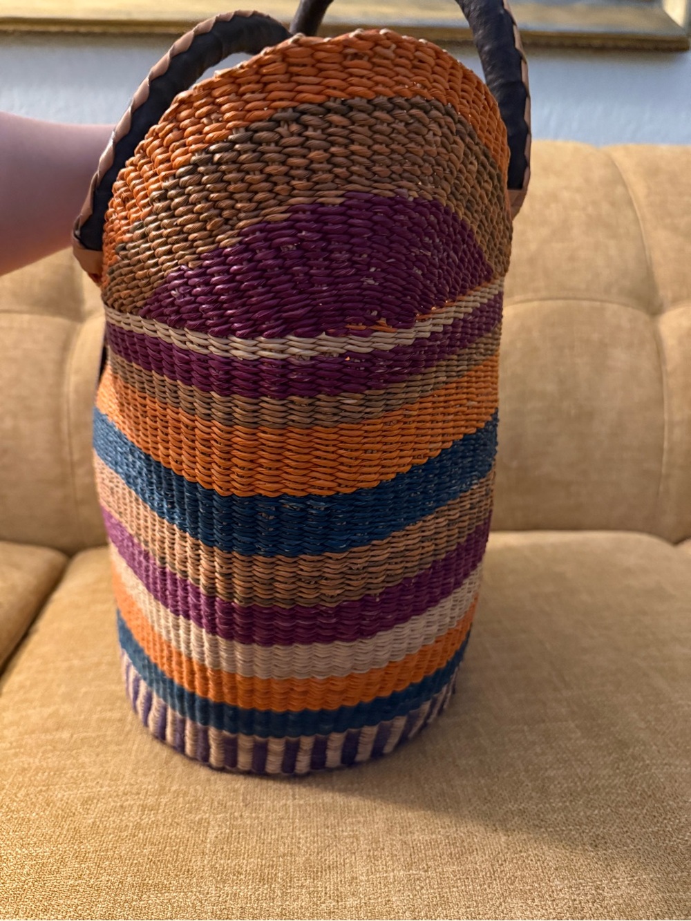 Akazeri Ahmah Apatterned basket, African woven market bag,orange blue purple NEW - Picture 6 of 8